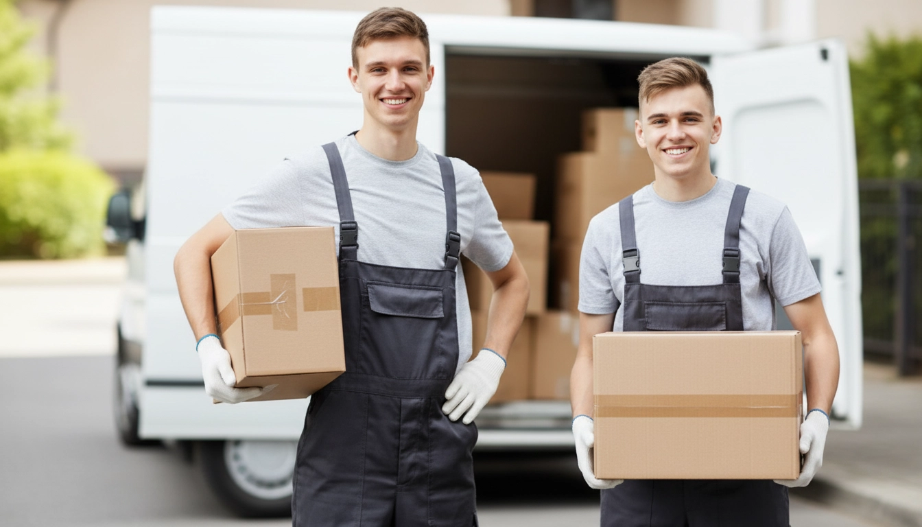 Two smiling movers in uniforms and gloves holding cardboard boxes in front of a white moving van.