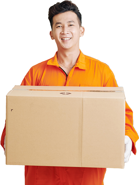 Happy mover smiling while carrying a cardboard box.