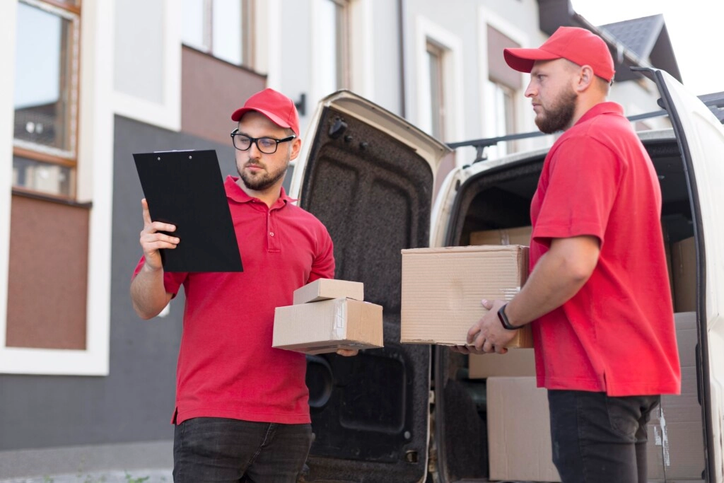 Two delivery workers in red uniforms standing next to an open van outside a house, one checking a clipboard and the other holding a cardboard box.