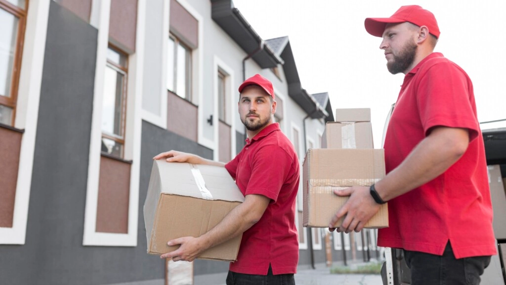 Two delivery workers in red uniforms carrying cardboard boxes outside modern townhouses.