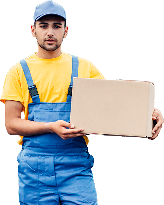 Professional mover in blue uniform and cap holding a cardboard moving box for packing and relocation services. 📦🚚