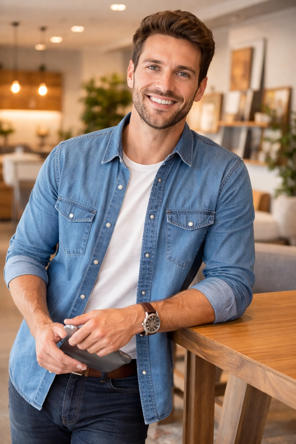 A smiling man standing inside a modern furniture store showroom, representing a furniture business owner surrounded by stylish home furniture.