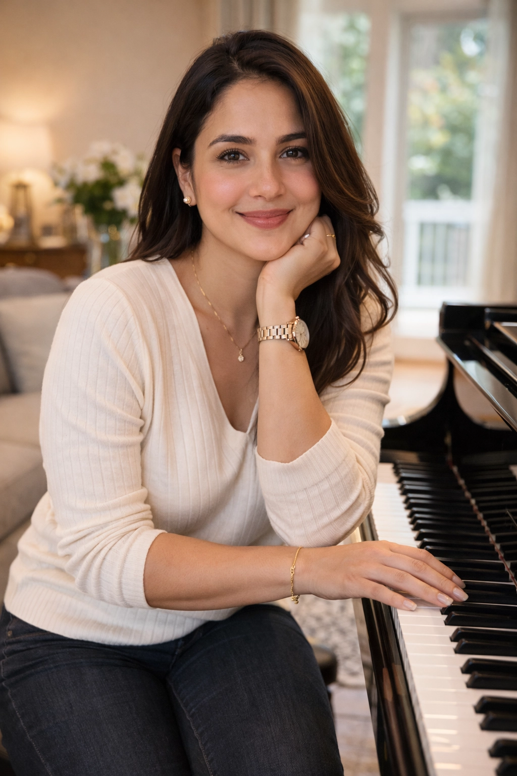 A smiling young woman sitting next to a piano in her living room, representing a single female piano owner in a cozy home setting. 🎹