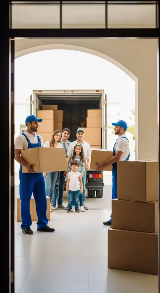 Professional movers in blue and white uniforms carrying boxes and furniture into a new Al Ain home while a smiling family watches, representing trusted and expert movers. 📦🚚🏠