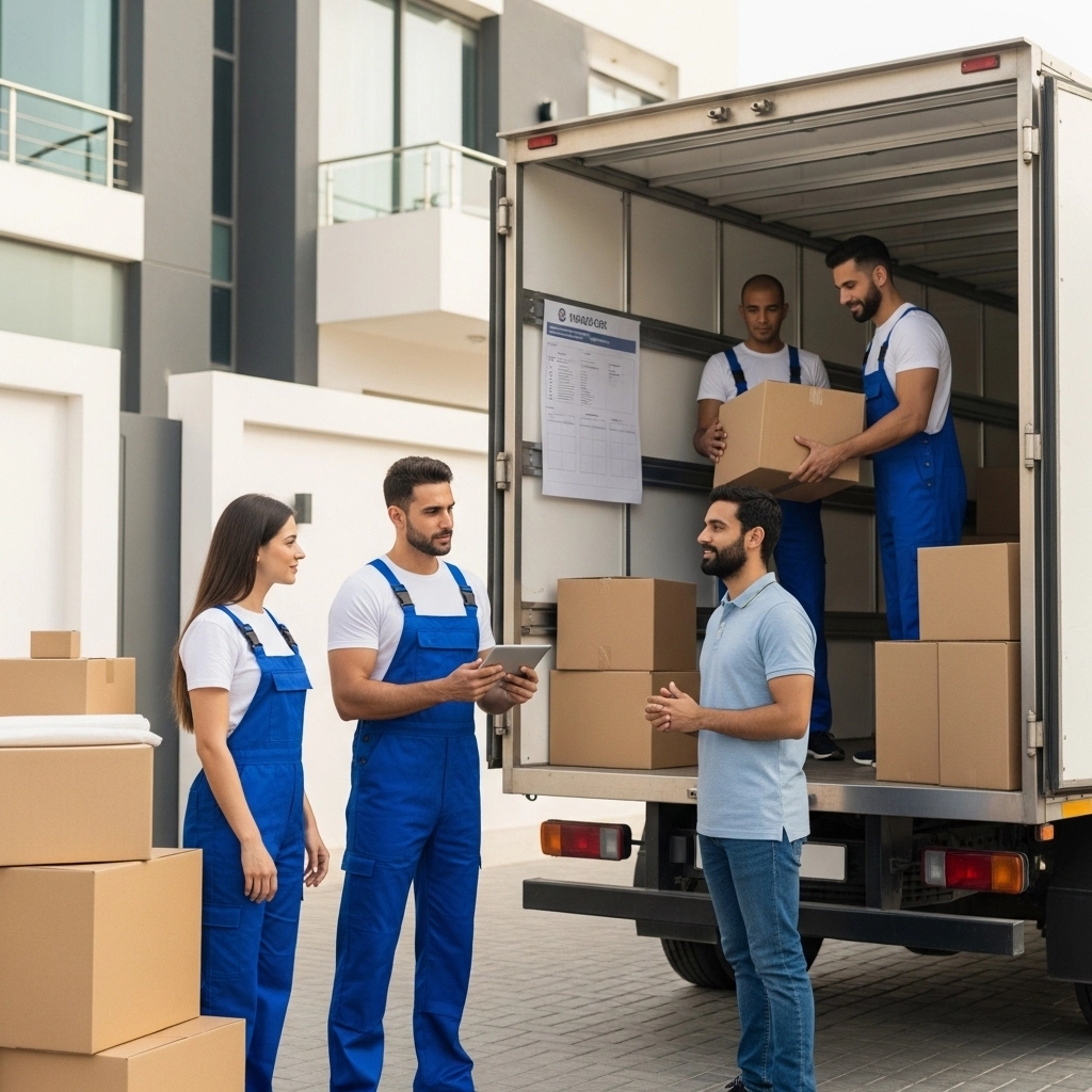 Professional movers in blue and white uniforms discussing a moving quote with a customer beside a moving truck outside a modern Abu Dhabi home, representing a trusted moving company. 📦🚚🏠