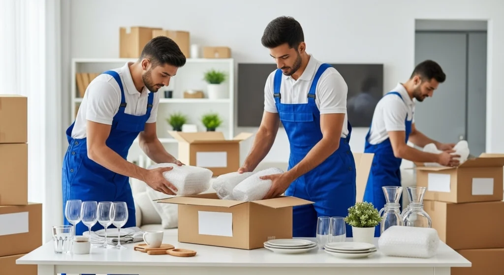 Professional movers in blue and white uniforms carefully wrapping fragile electronics and glass items with packing materials inside a Sharjah home, representing expert moving services. 📦🚚🏠