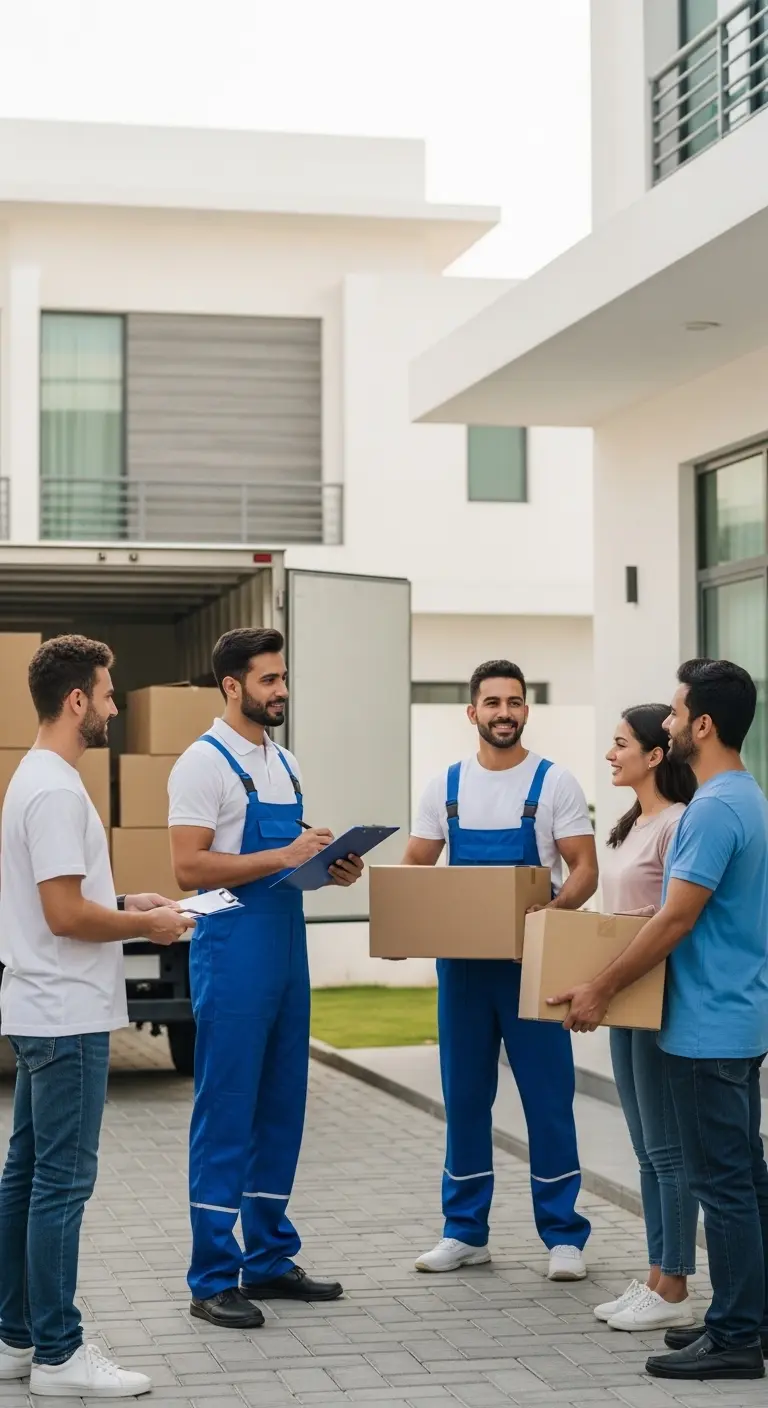 Friendly movers in blue and white uniforms discussing a moving plan with a family while handling packed boxes outside a Ras Al Khaimah home, representing the best movers and packers service. 📦🚚🏠