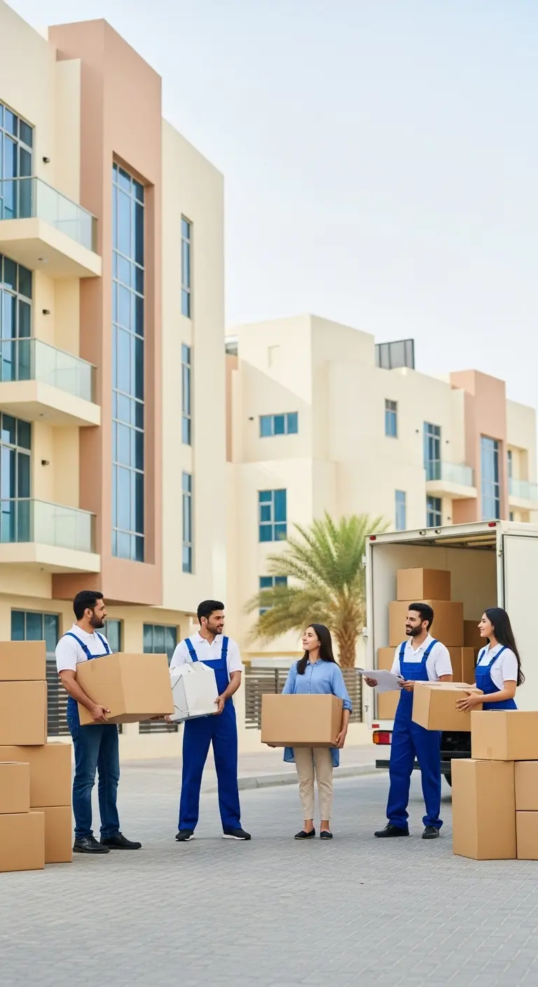 Polite movers in blue and white uniforms carefully handling boxes and furniture outside a modern Ajman home, consulting with a family, representing the best and most trusted movers in Ajman. 📦🚚