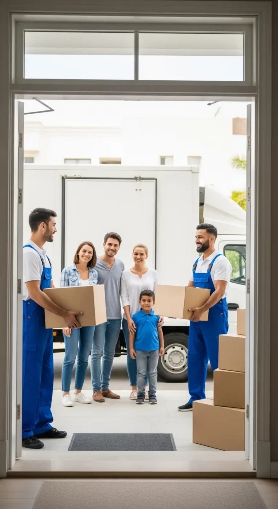 Professional movers in blue and white uniforms carrying boxes and furniture into a new Fujairah home while a smiling family watches, representing trusted and top-rated movers. 📦🚚🏠