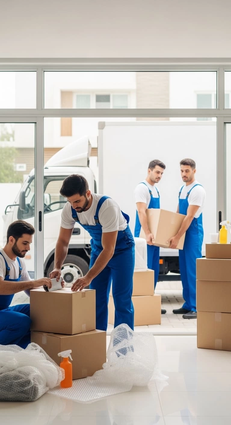 Professional movers in blue and white uniforms carefully packing and moving household items in a Sharjah home, representing trusted and professional movers and packers in Sharjah. 📦🚚