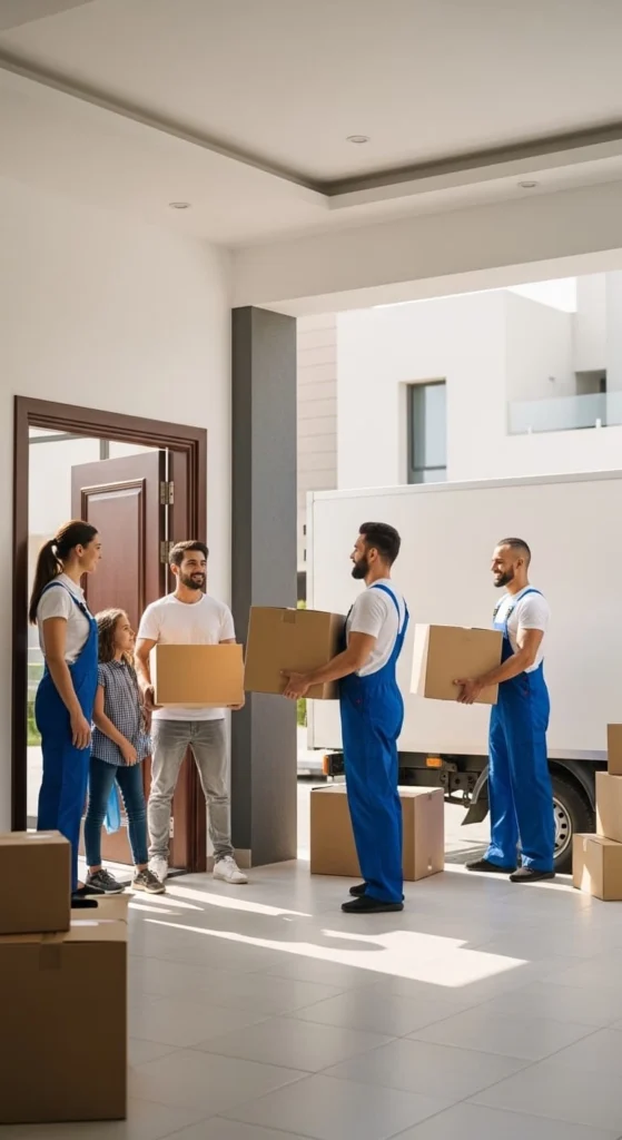 Professional movers in blue and white uniforms carrying moving boxes into a new home in Sharjah while a happy family watches, representing trusted home movers in Sharjah. 📦🚚🏠