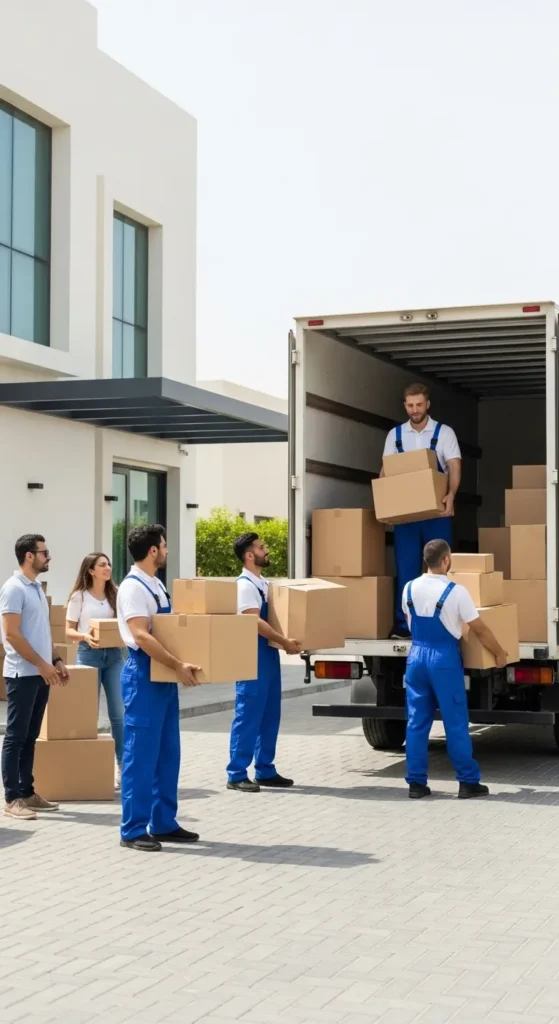 Professional movers in blue and white uniforms carrying boxes and furniture into a moving truck outside a modern Ajman home, representing trusted and top-rated movers and packers. 📦🚚